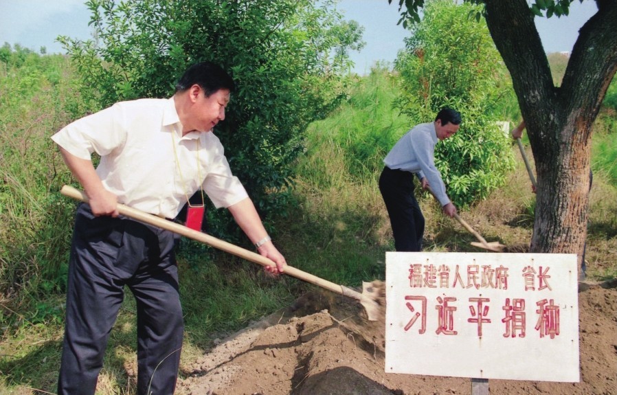 2001年10月，習(xí)近平在龍巖市長(zhǎng)汀縣調(diào)研水土流失治理工作，在河田世紀(jì)生態(tài)園為樹培土。圖源：《習(xí)近平在福建（下）》
