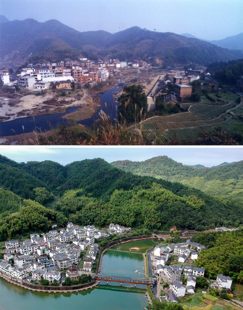 圖為浙江省杭州市淳安縣楓樹嶺鎮(zhèn)下姜村拼版圖，其中上圖為資料照片、下圖由新華社記者張鋮攝。